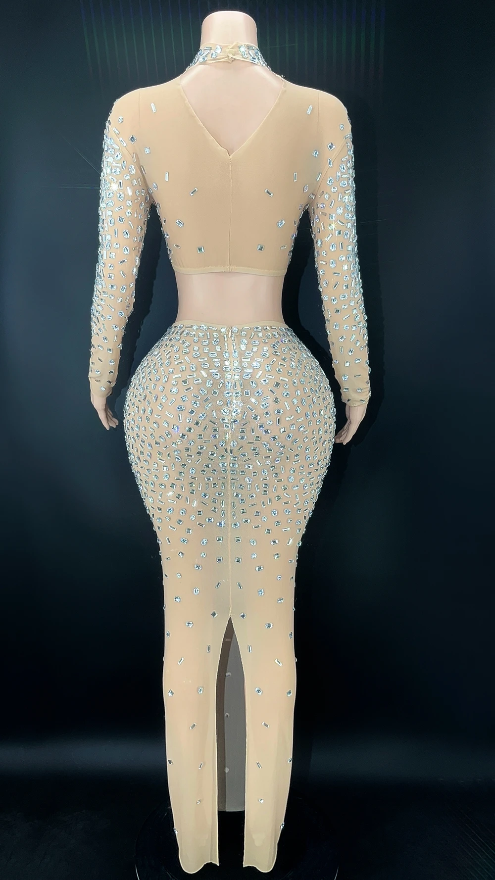 Top brillante con diamantes de imitación para mujer, falda larga, Sexy, transparente, elástico, conjunto de dos piezas, vestido de fiesta de noche, vestido de cumpleaños