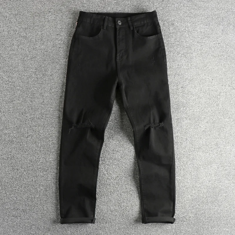 

Весенне-летние модные рваные джинсы для мужчин, чистый черный, простой крой, узкие прямые, универсальные молодежные длинные брюки