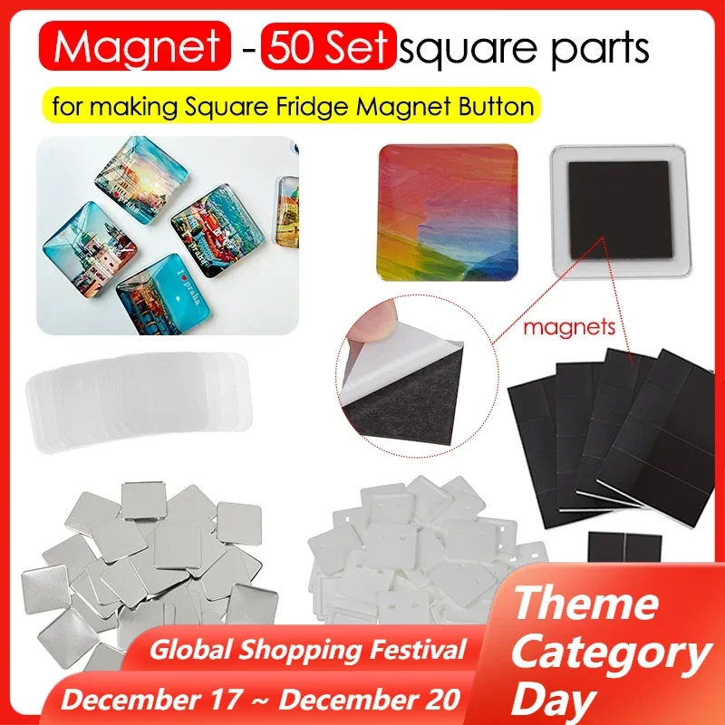 Square Magnets Refrigerator Button Parts 50x50mm 50Sets DIY Making Fridge Magnets Metal Blank Badge Button Consumables