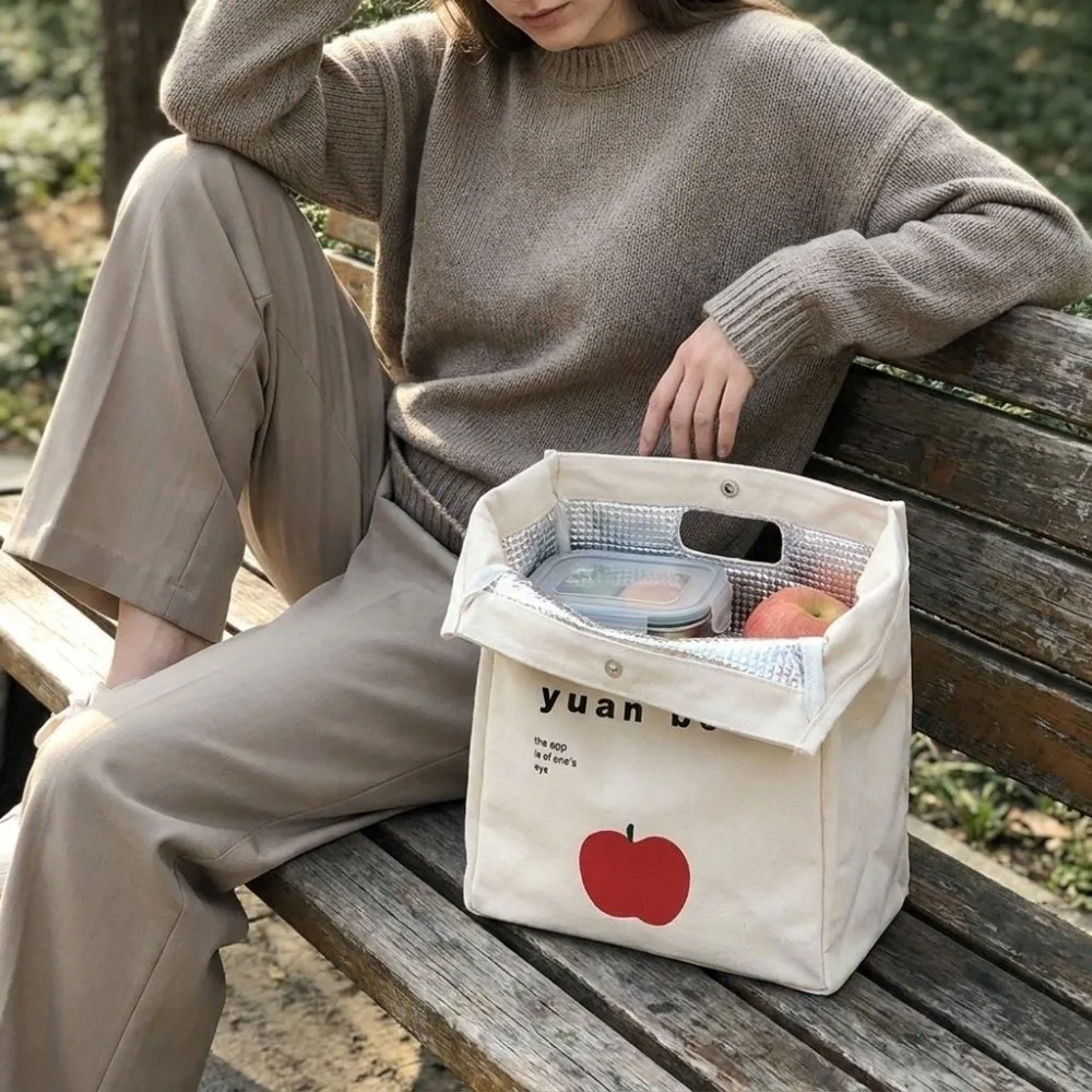 Aluminum Foil Liner Insulated Lunch Bag Canvas Large Capacity Portable Picnic Bag Thick Reusable Food Storage Bag Travel