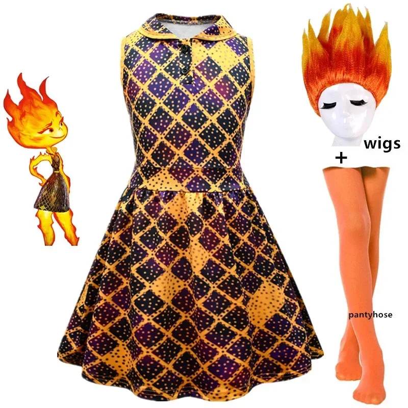 

Halloween Elemental Costume Girls Ember Fire Cosplay Princess Dress wig Cartoon Crazy City Game Clothing for Kids Birthday Gifts