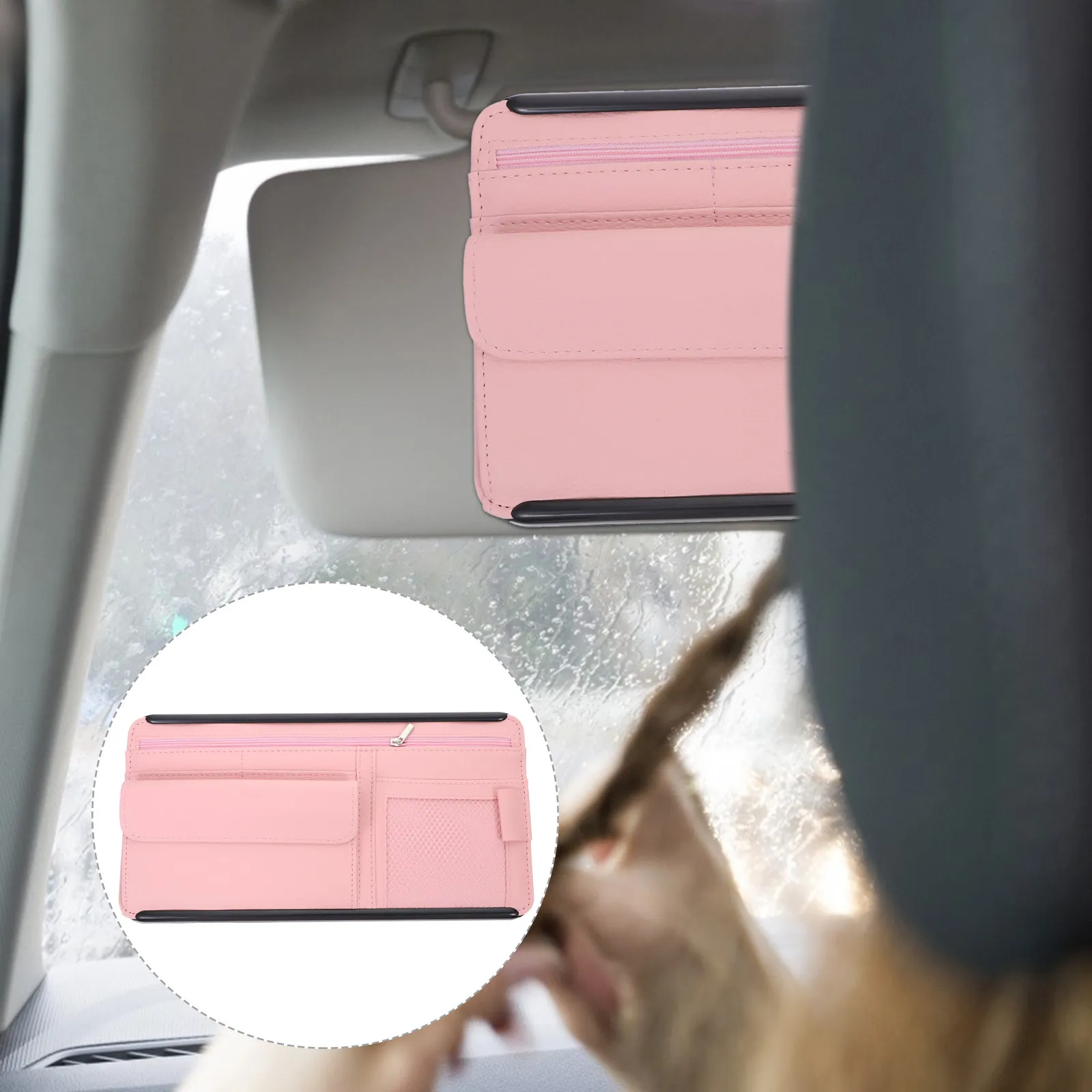

Car Sun Visor Organizer with Multi Pocket Design for Sunglasses Wallet Keys Cards Phones Pens Adjustable Hook Fits