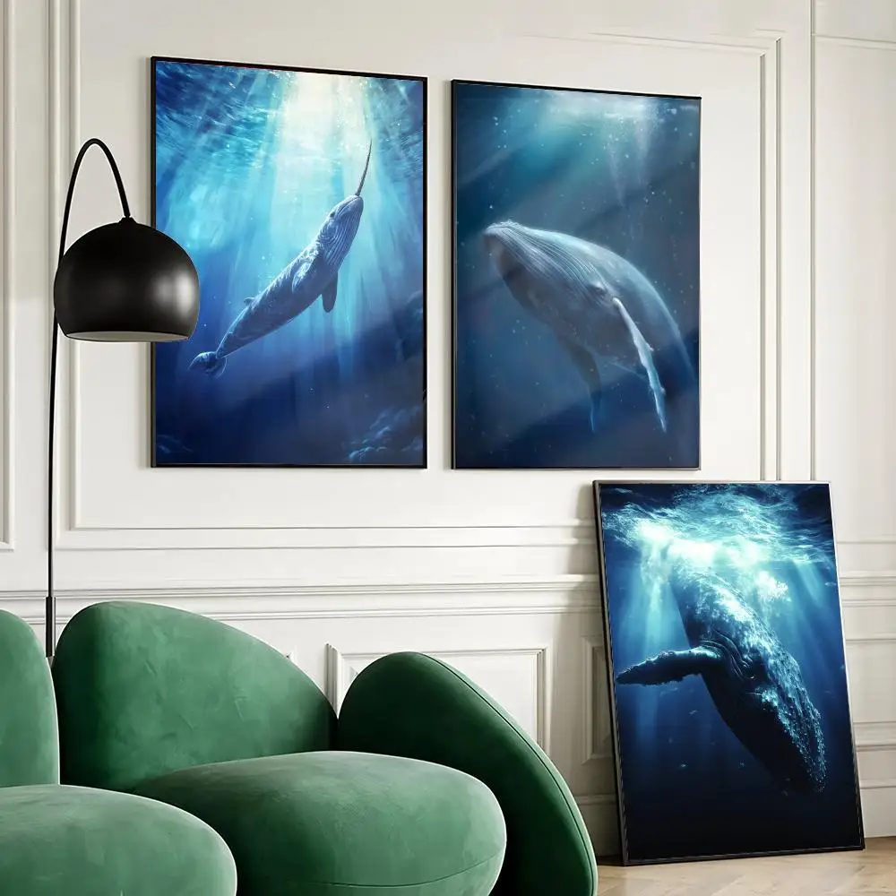 Humpback Whale Swimming Poster Waterproof Wall Art Sticker for Home Bar Decoration, Self-Adhesive Room Wall Decor Mural