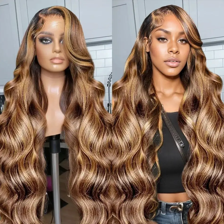 

Cheap Body Wave Highlight Wig Human Hair 13x4 HD Lace Frontal Human Wigs On Sale Clearance Honey Blonde Colored Glueless Wigs