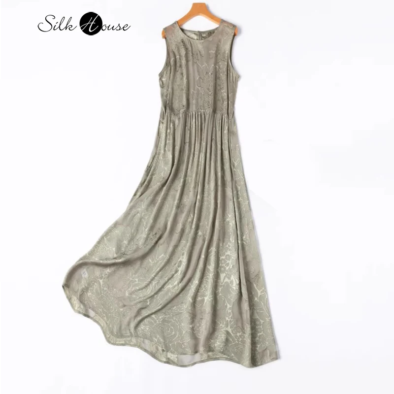 

Women's Casual Cool Semi Transparent 100% Natural Mulberry Silk Flower Cutting Silk Sleeveless Loose A-line Vest Artistic Dress