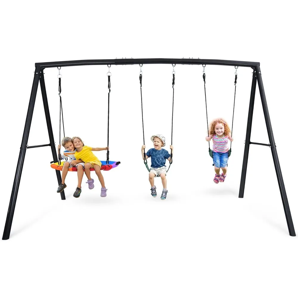 

Sturdy 500 Pound Capacity Metal Swing Set for Outdoor Play, Including Saucer Swing and Triple Swing, Simple Assembly Required