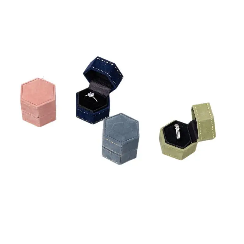 Vintage Sechseckige Samt-Schmuckbox für einen einzelnen Ring, leere Hülle für Verlobung, Hochzeitszeremonie, Valentinstagsgeschenk-Organizer – Detail 5