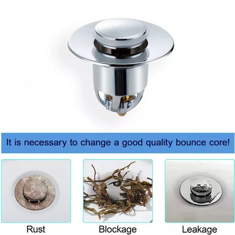 62*42mm Stainless Steel Bounce Core Push Type Drain Filter Universal Wash Basin Push Type Sink Bathroom Bathtub Plug Water Stop