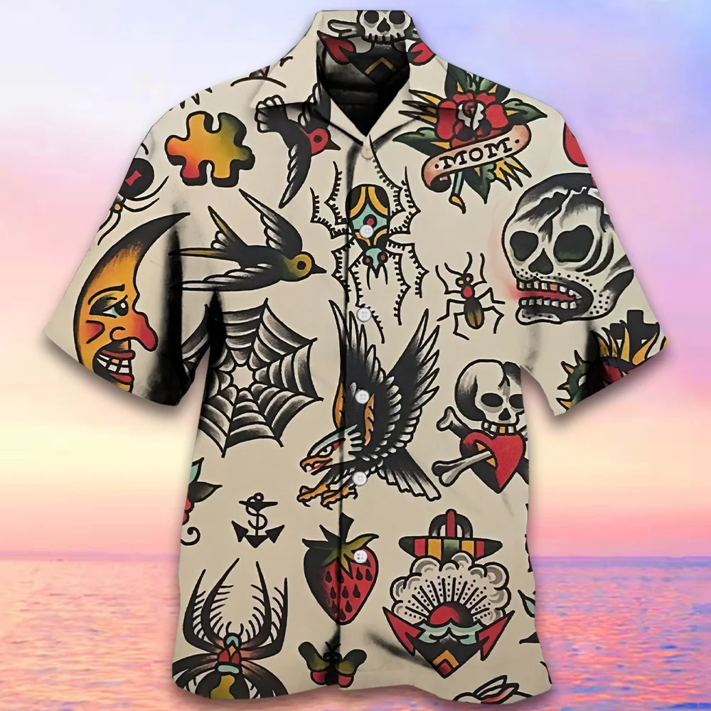 Camisa de calavera para hombre, camisa hawaiana de manga corta, informal, de gran tamaño, estilo Retro, a la moda, novedad de verano