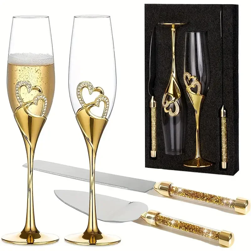 4 Stück Golden Silber Rosegold Luxus Hochzeit Champagner Flöten Kelche Gläser und Kuchen Messer Server Set für Party Hochzeitsgeschenk