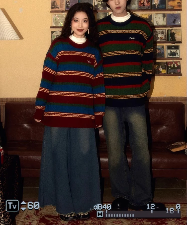 Autumn Winter New Retro Style Men's Red Yellow Spliced Knit Sweater Couple Outfit Loose Casual Green Black Striped Sweater