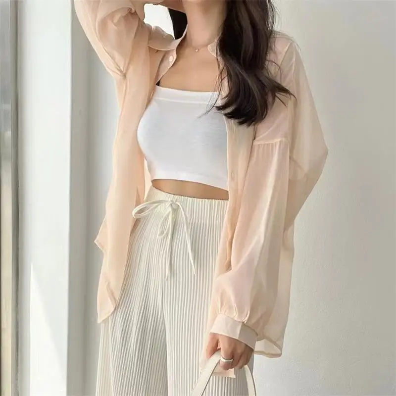 7 Colors Shirts Women Sheer Thin Chic Summer Simple Solid Sun-proof Tops Fashion Baggy All-match Basic Korean Style Sexy Clothes