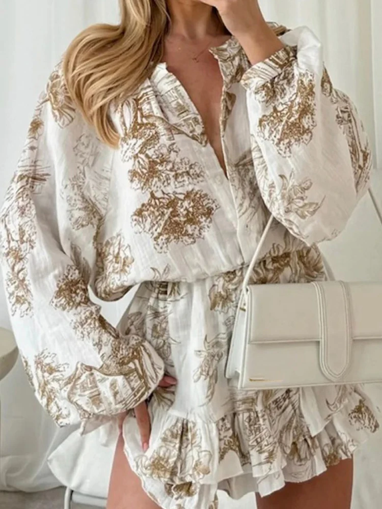 Vestido de fiesta Bohe con estampado de patrón elegante, minivestido drapeado con volantes y cintura alta con botones a la moda, vestido informal de manga larga para mujer