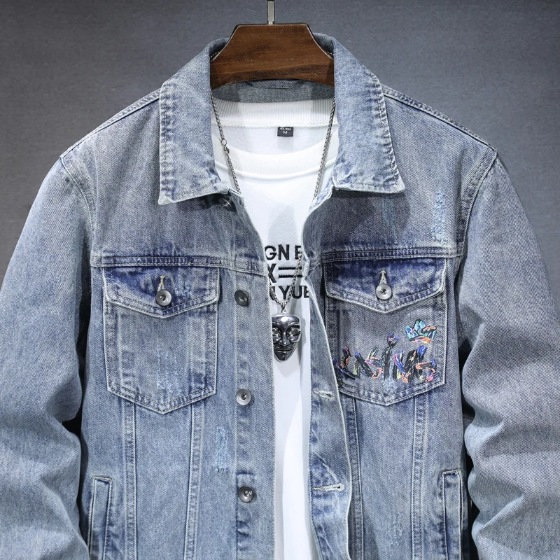 2024 Autumn New Trendy Street Cowboy Jacket Men's Retro Washed Fashion Cartoon Printed Casual Loose Denim Coat