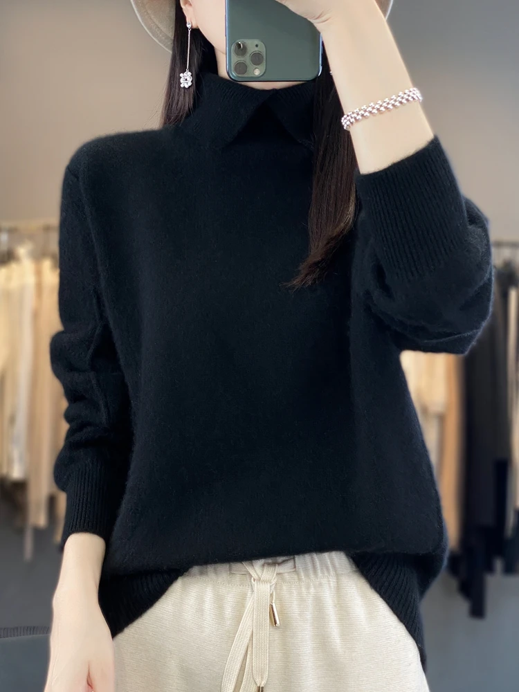 Women\'s 100% Merino Wool Sweater Turn-Down Collar Pullovers Autumn Winter Thickened Cashmere Knitwear Clothing Korean Tops