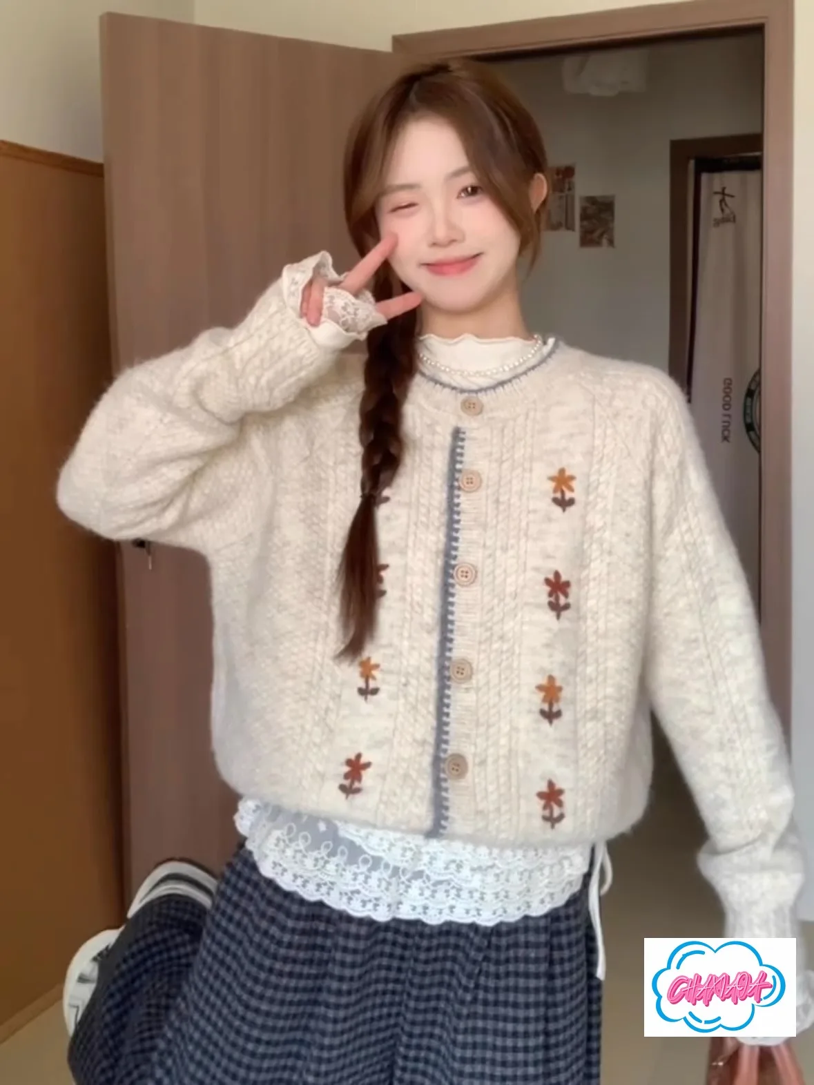 Japoński Słodki Sweter Rozpinany w Stylu Lazy Wind, Miękki, Woskowy, Lolita, Ekskluzywny, z Haftem Kwiatowym, Kurtka Sweter Damska na Jesień i Zimę