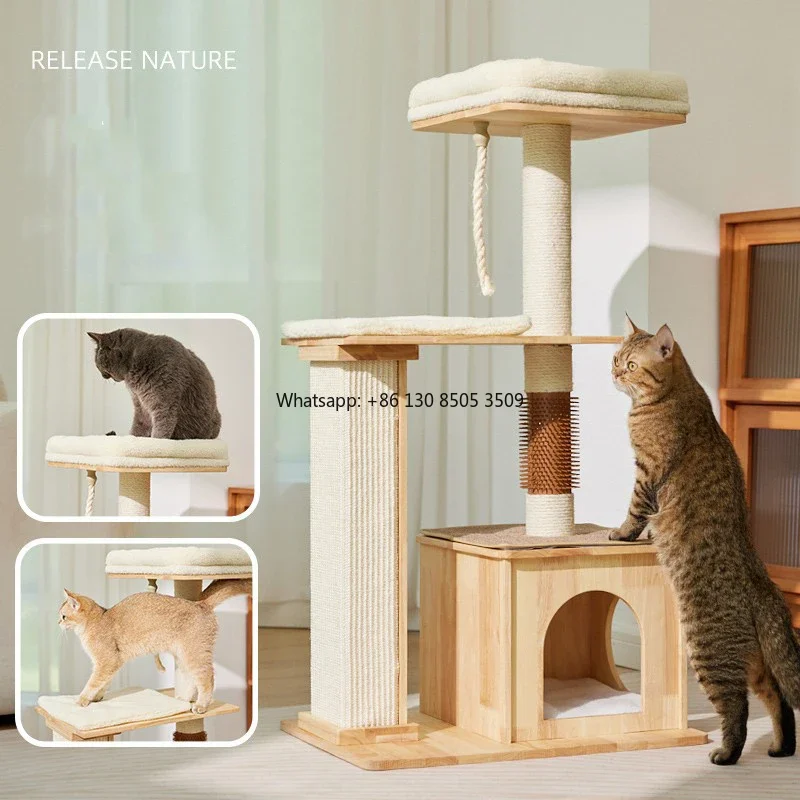 Manufacturer Wholesale Wooden Cat Tree Scratcher with Scratch Brush