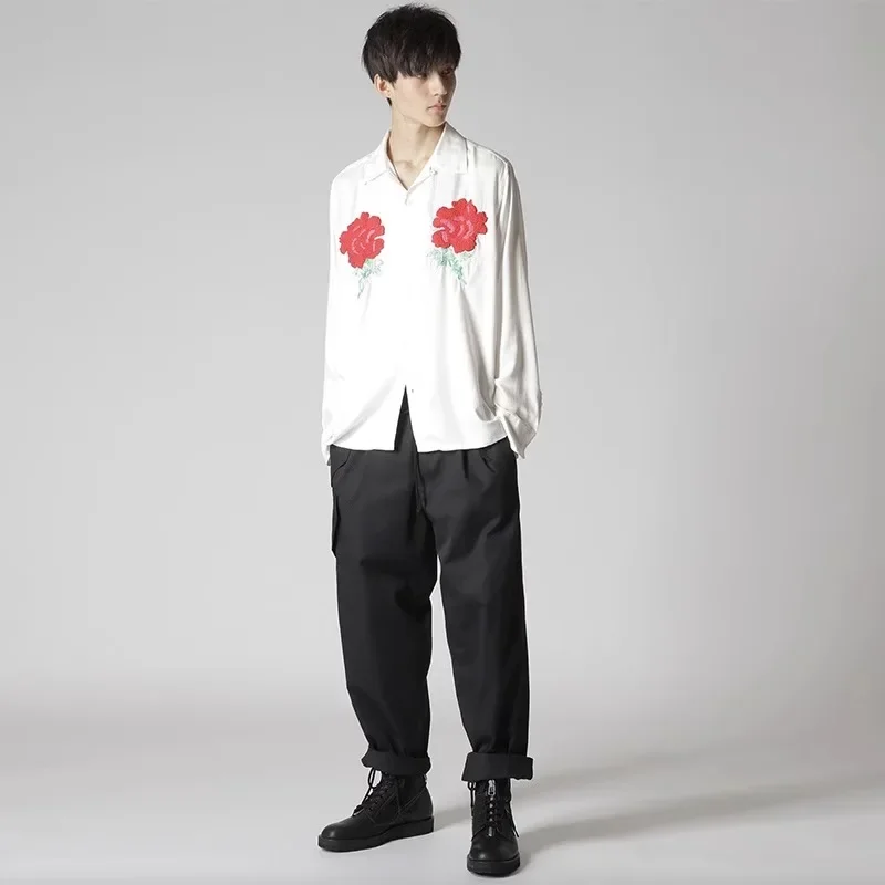 

YOJI OOAK Темная система, оригинальный дизайн, японская рубашка из искусственного шелка с вышивкой на груди, мужская рубашка с красным цветком