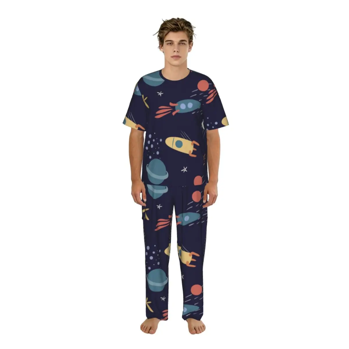 Men's short-sleeved pajamas two-piece trousers Space Stars Planets And Rockets home wear suit sleepwear