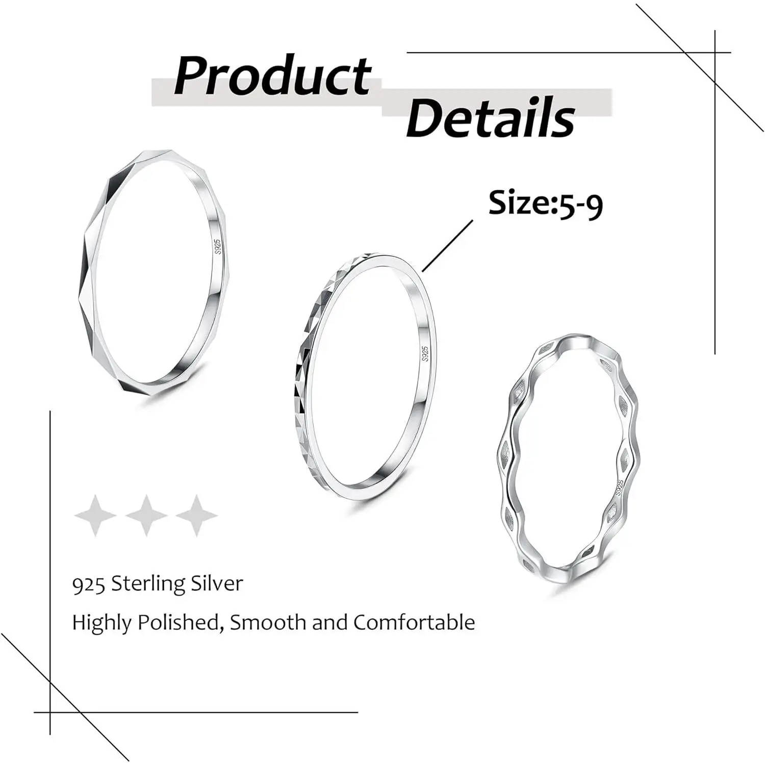 Fansilver S925 Sterling Silver Rings for Women Men 18K White Gold Plated Band Knuckle Stacking Rings Vintage Ring Stylish Band