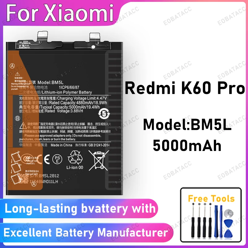 

100% New 5000mAh BM5L Battery For XIAOMI Redmi K60 Pro Battery Replacement Bateria+Free Tools