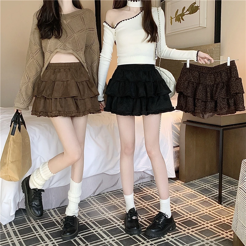 Women High Waist Tiered Cake Skort Y2K Leopard Print Ruffle Mini Skirt Autumn A Line Anti-chafing Short Skirt With Liner