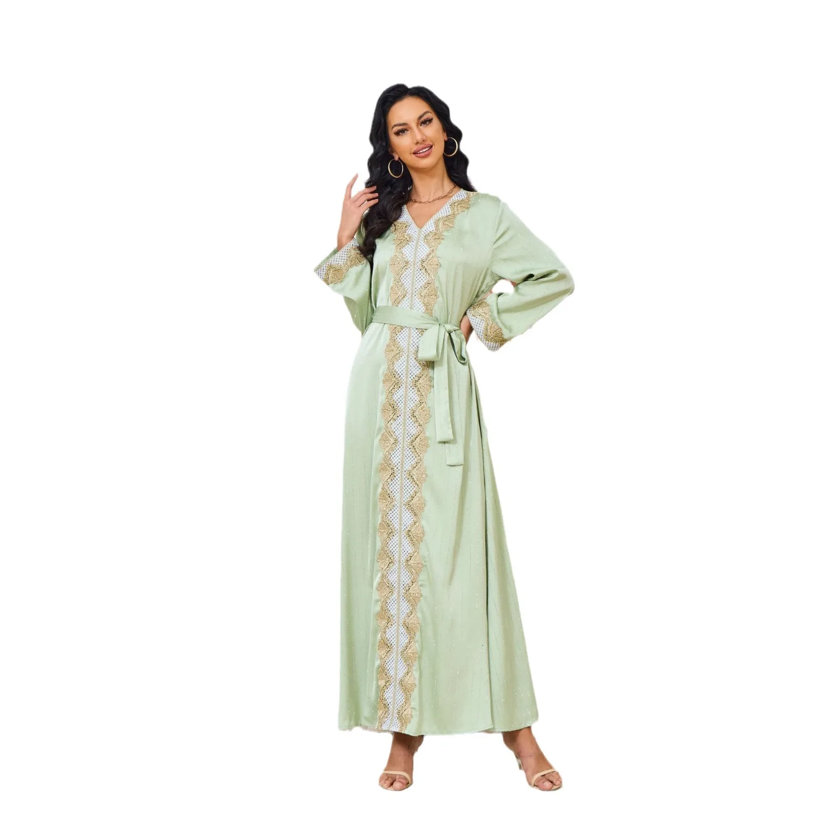Oem Women's Elegant Diamond Embellished Long-Sleeved V-Neck Abaya New Middle East Export Robe Large Swing Dress Ins Polyester