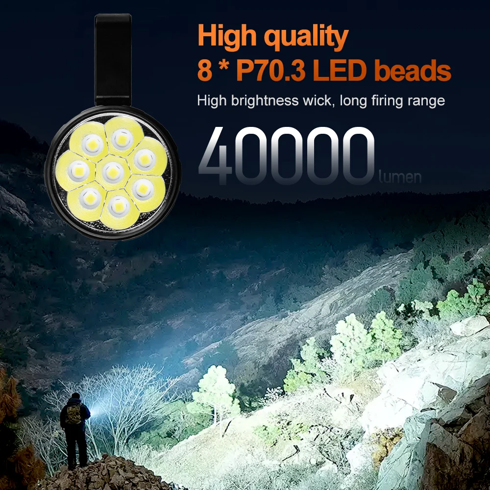 40000 lumens large capacity battery, ultra bright LED flashlight, high-power outdoor camping tactical metal handheld light