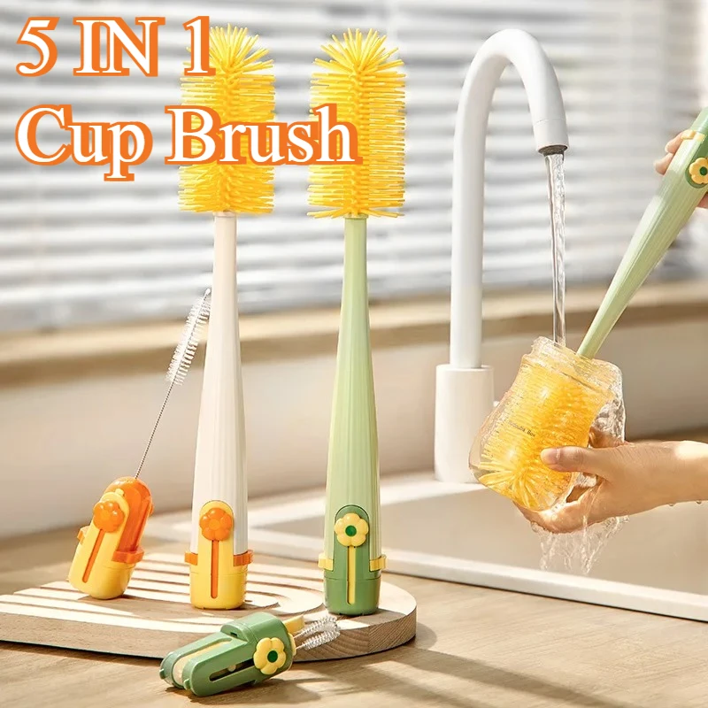 

5-in-1 Silicone Bottle Cleaning Brush with Long Handle Straw Brush Cup Lid Gap Brush Water Bottle Cleaner for Baby Bottles Mug
