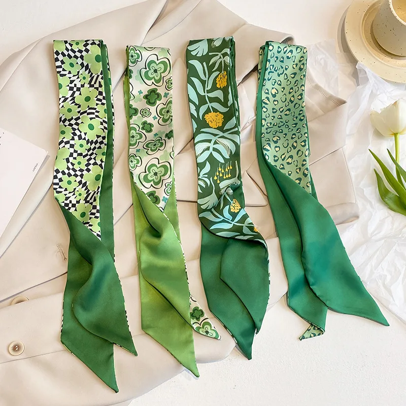 2023 New Green Floral Print Skinny Silk Scarfs Bag Ribbon Women Fashion Foulard Neckerchief Female Hairband Soft Satin Lady Gift