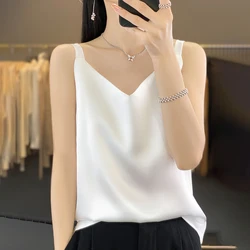 Spring and Summer New Mulberry Silk V-Neck Silk Halter Women Loose Bottom Vest Wide Shoulder Fashion Acetate Satin Wear Thin Top