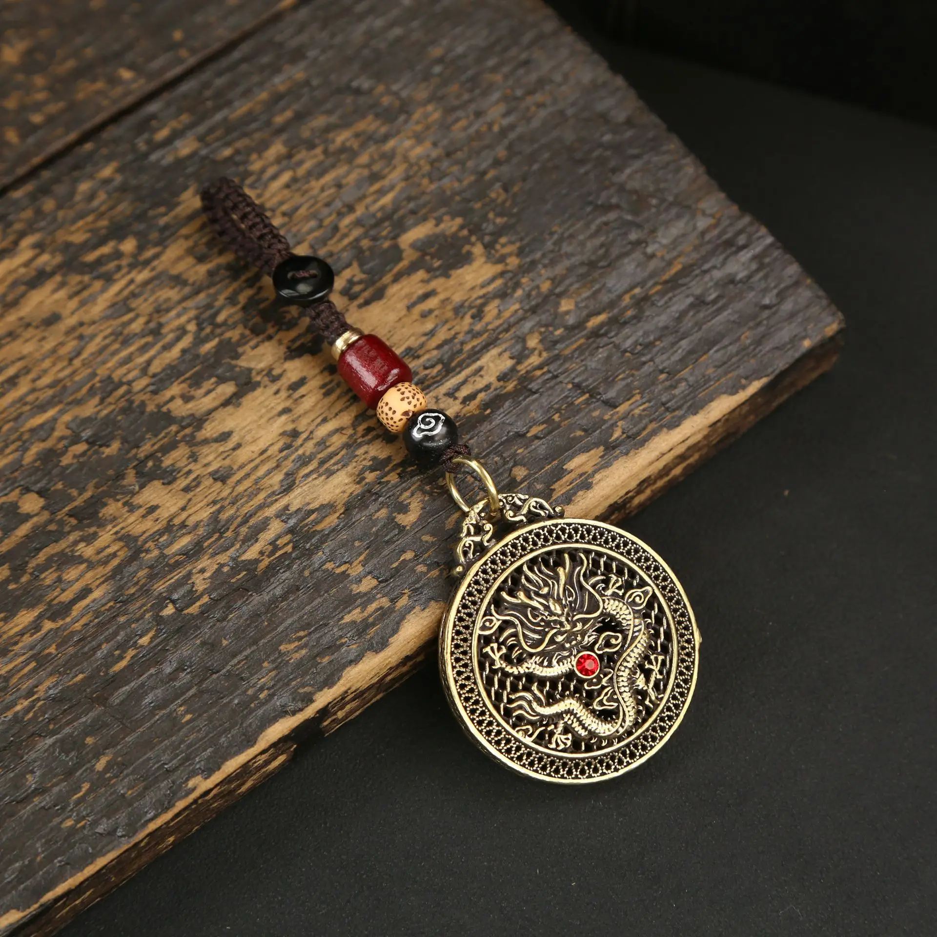 Brass hollow eight auspicious dragon pendant keychain hanging ornament for car keys bags vintage chinese style with multiple opt