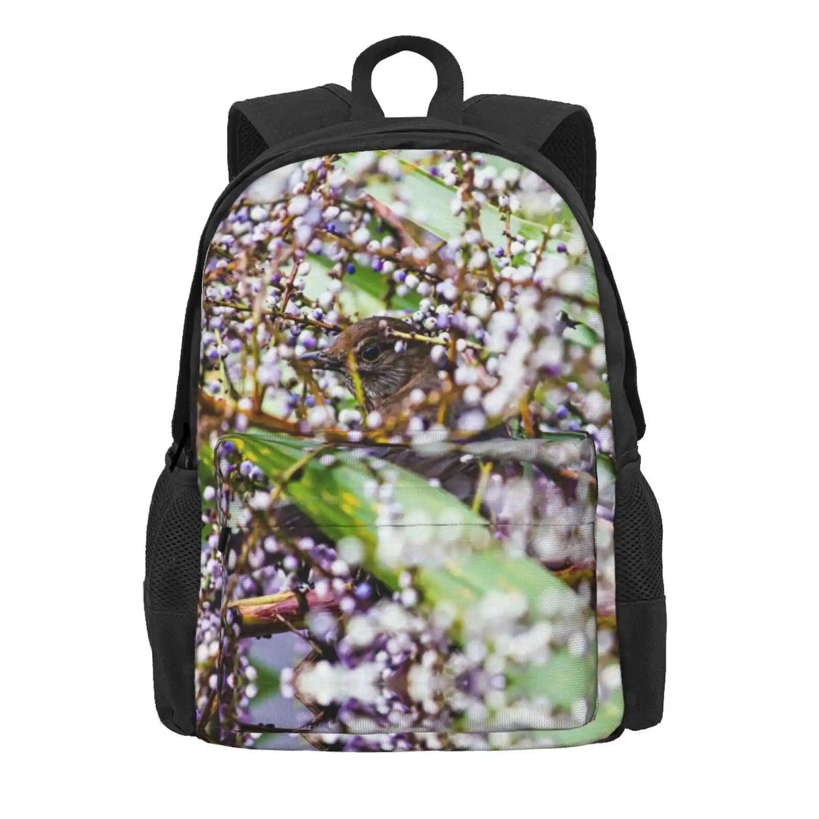 Little Bird Behind The Window Hot Sale Schoolbag Backpack Fashion Bags Palm Tree Berries Little Bird Purple