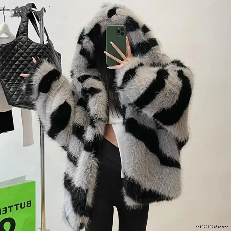 Oversized Hooded Faux Fox Fur Overcoat Women Winter Thick Warm Baggy Faux Fur Jacket Coat Y2k Cool Street Girls Outerwear