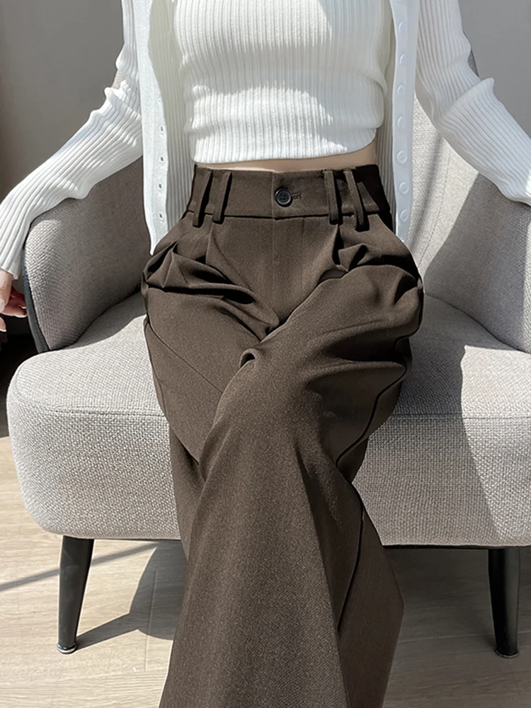 하이웨이스트 와이드 레그 수트 팬츠 여성용 커피색 드레이프 슬림 캐주얼 바지 가을 겨울 신상 비대칭