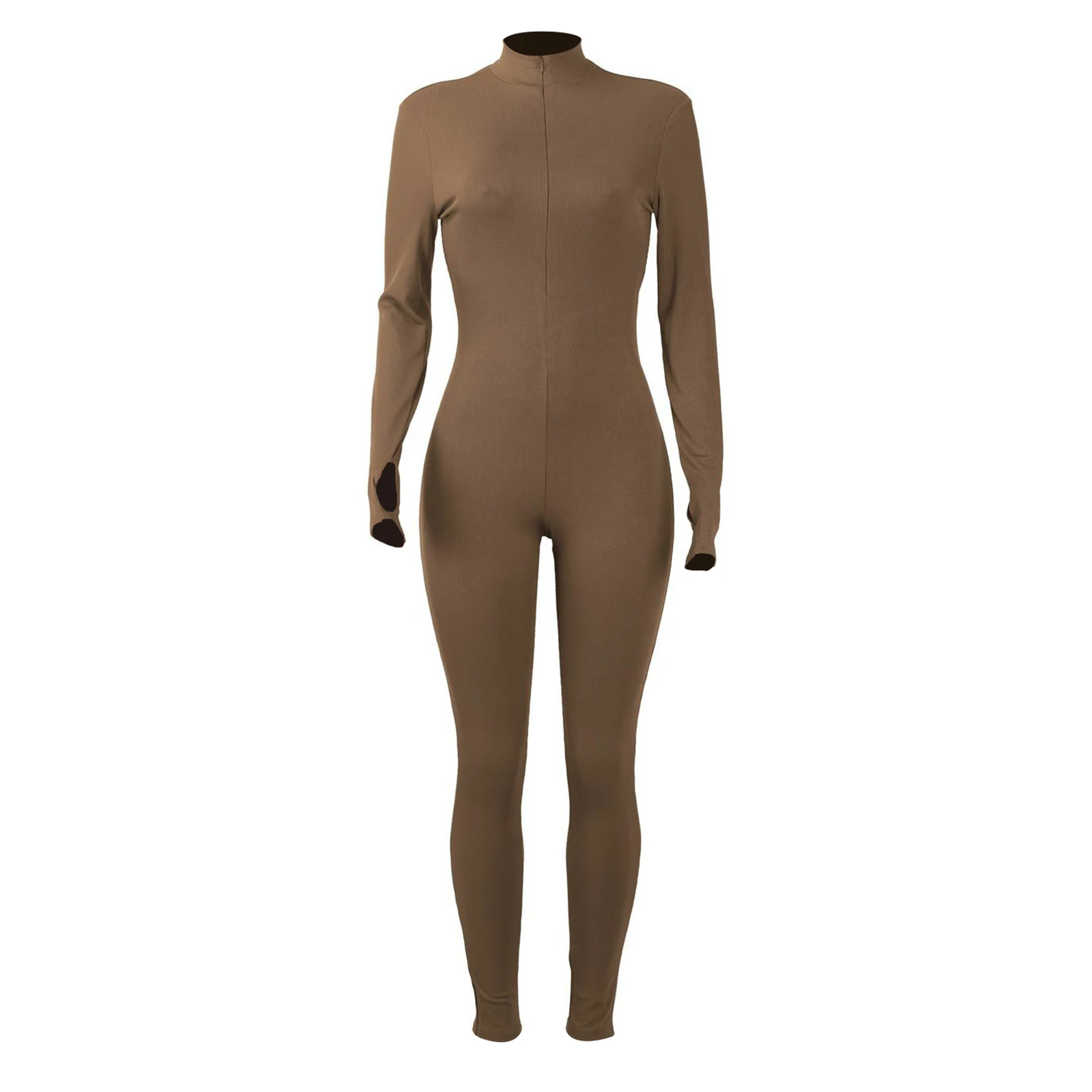 New Zip Sports Jumpsuit Long Sleeve Stand Collar Slim Fit Romper Solid Color Ribbed Jumpsuit Women's Long Overalls