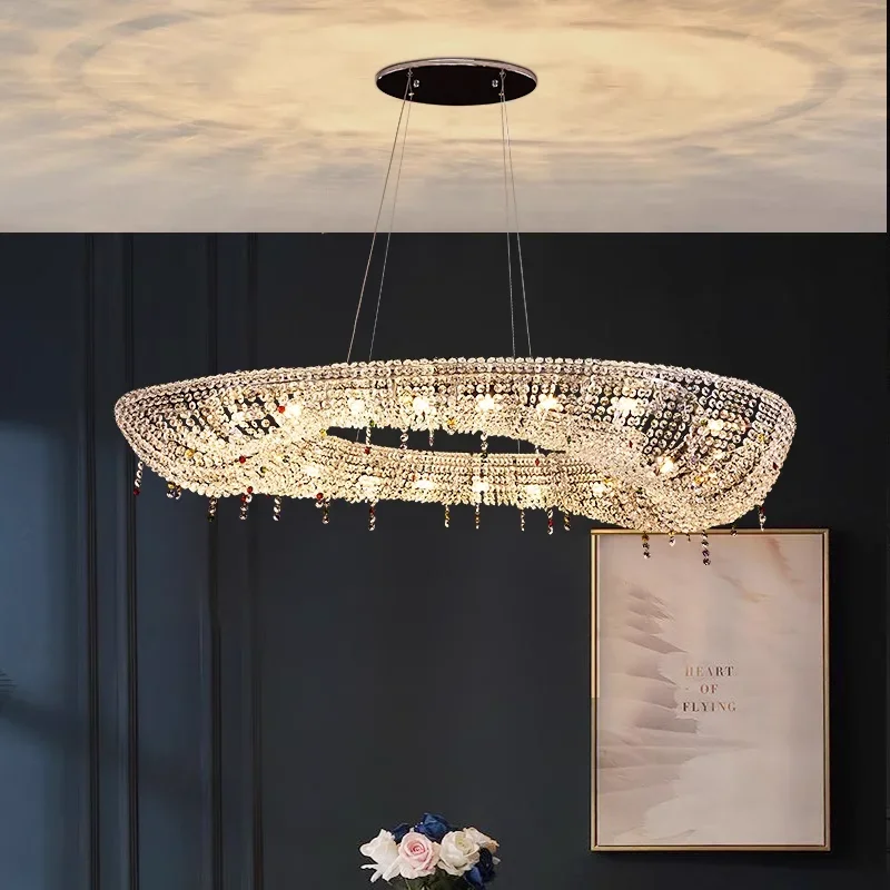 

Modern Luxury Round Oval Crystal Chandelier Designer Living Dining Room Chrome Luster LED Pendant Lights Hotel Duplex Villa Lamp