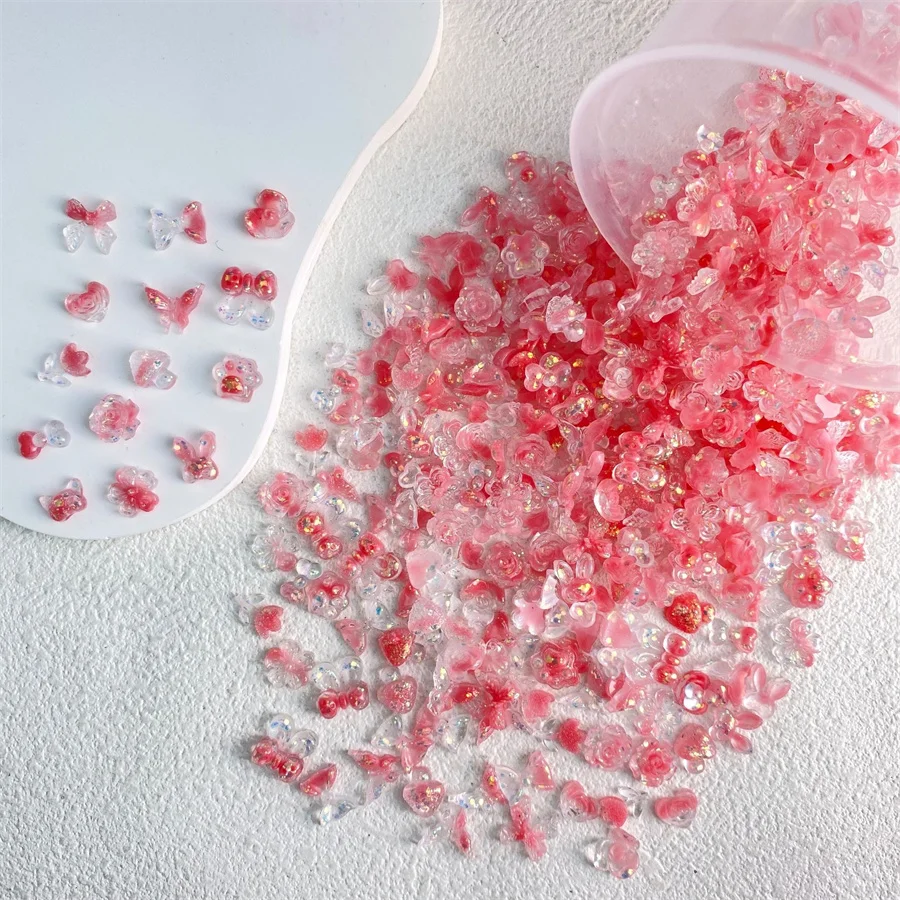20pcs Kawaii Pink Mixed Resin Nail Art Charms 3D Cartoon Animals Flower Butterfly Bow Nail Decorations DIY Jewelry Accessories