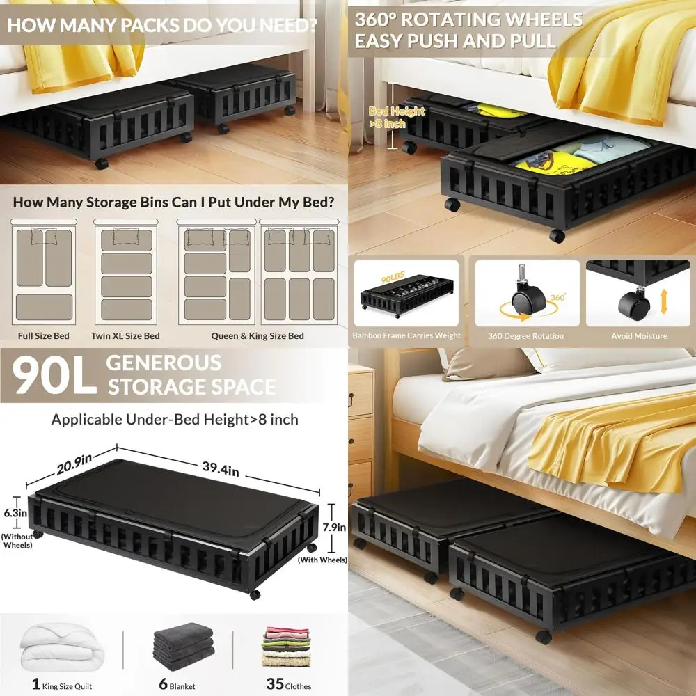 Rolling Bamboo Storage Boxes Under Bed, 39x20x7.8 Large Containers (Black)