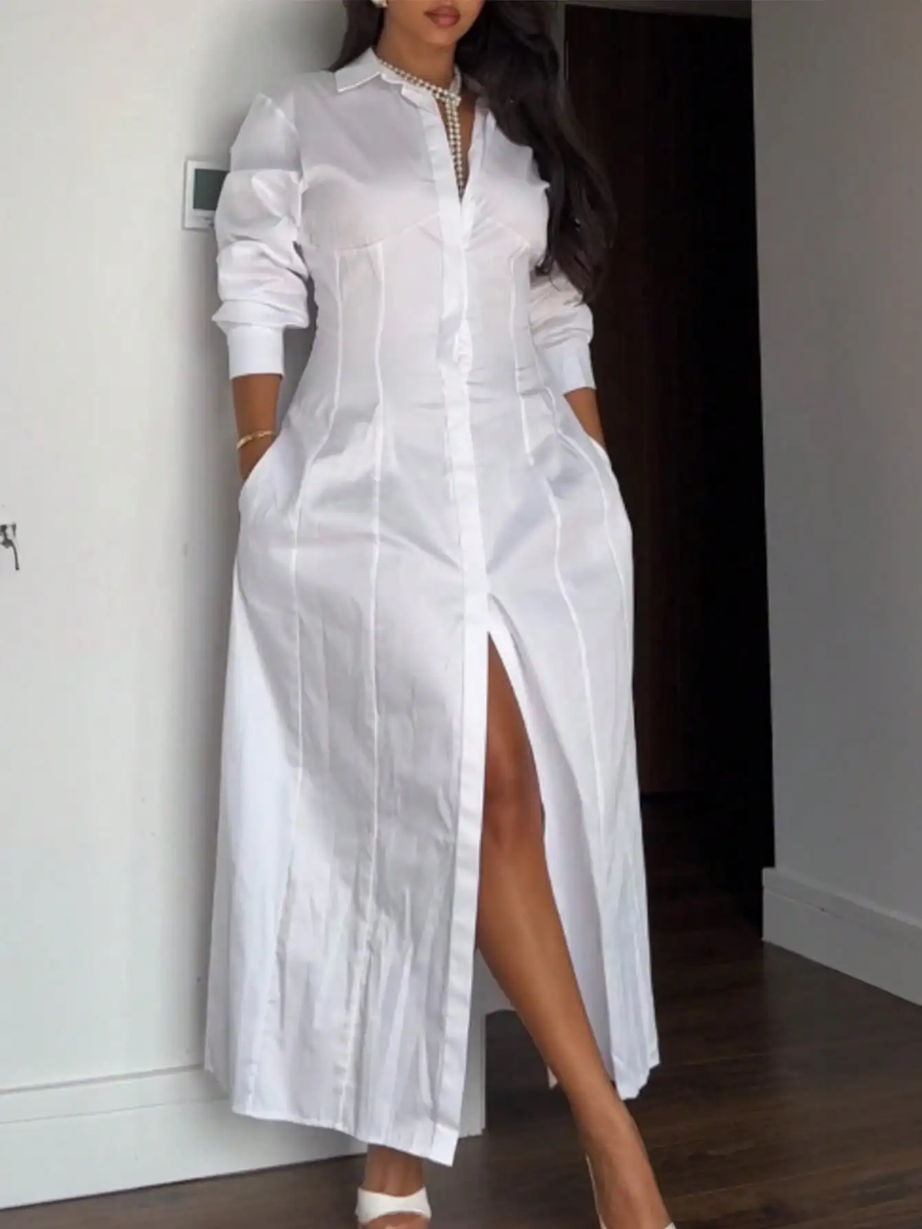 

Women's White Shirt Dress with Front Slit, Long Sleeve, Collar Neck, Elegant Loose Fit
