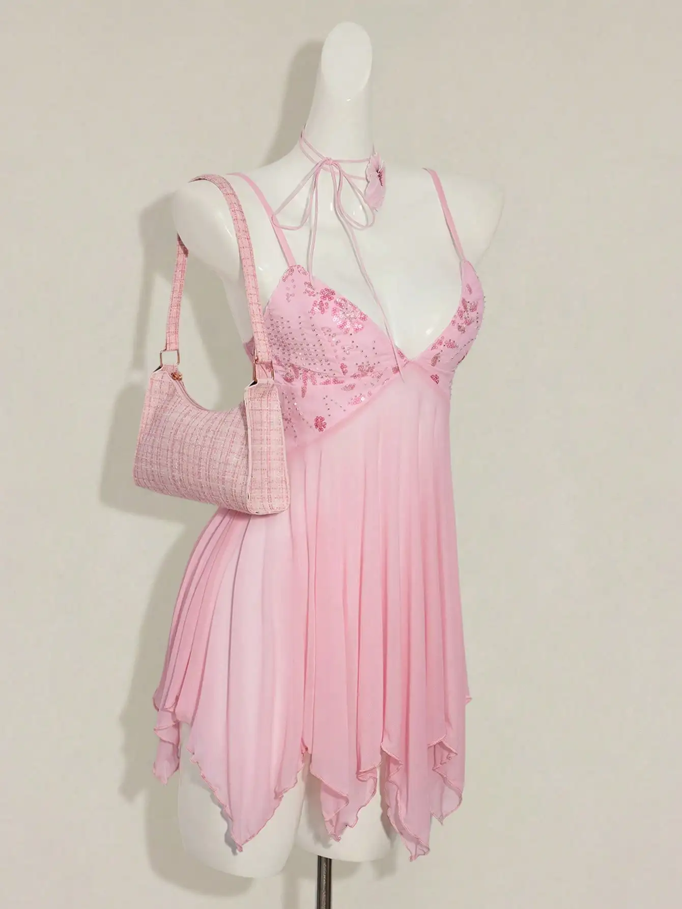 

Pink Sequin V-Neck Cami Dress with Asymmetrical Hem & Ruffles, Sexy Party Mini Dress for Women