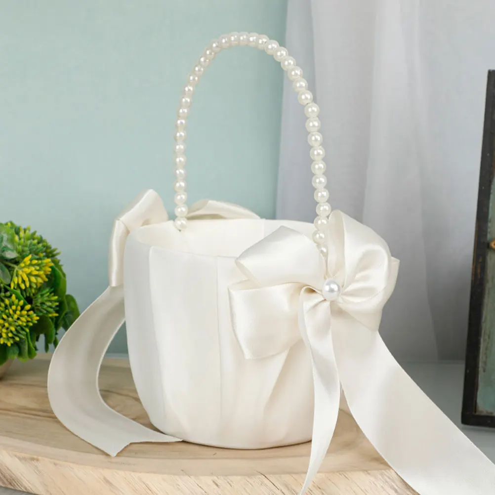 

Pearl Bow Flower Basket Girl Handheld Wedding with Handle Plastic Bridesmaid