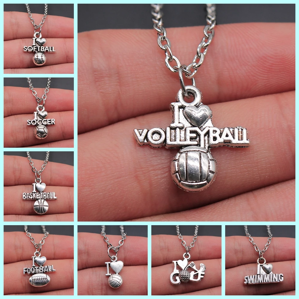 Vintage Antique Silver Color Sport Jewelry Necklace Volleyball Soccer Basketball Baseball Pendant Necklaces Metal Chain Gift