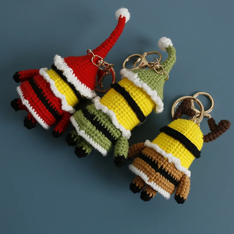 Cute Christmas Handmade Woven Big Eyed Doll Knitting Knitted Yellow Human Pendant With Yarn Hook Crochet Keychain Keys Bag