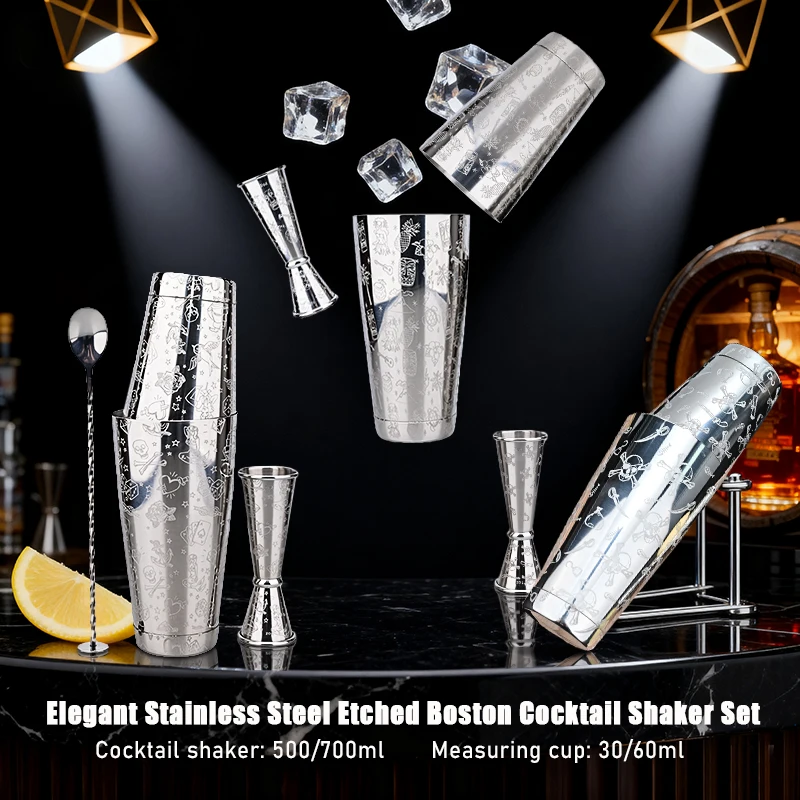 Elegant Stainless Steel Boston Cocktail Shaker Set 500/700ml+30/60ml Jigger — Engraved, Bartender, Barware, Mixer, Professional