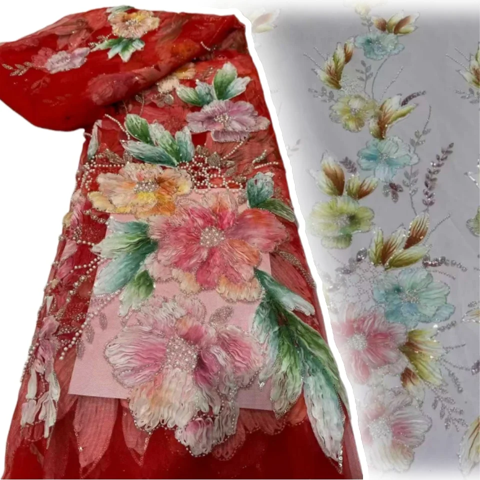 

African 3D Lace Fabric Premium French Sequin Embellished Tulle Lace Fabric Suitable for Party Dresses and Wedding Gowns 5Y 2162
