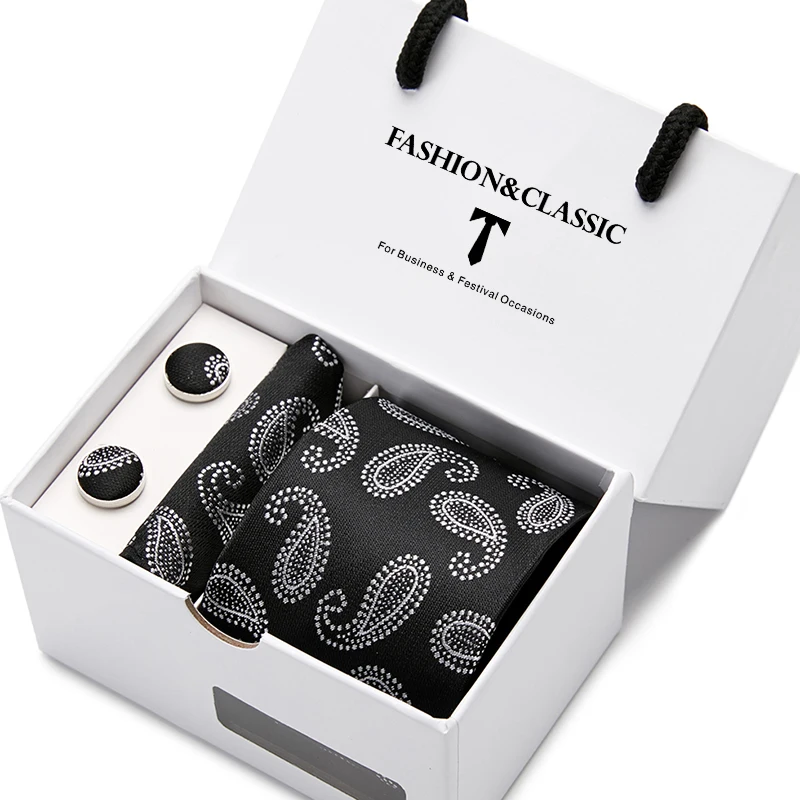 Hochwertiges 7,5 cm schwarzes, solides Herren-Krawatten-Taschentuch-Manschettenknöpfe-Set für Männer, Hochzeitskrawatten, Gravatas in Geschenkbox – Detail 3