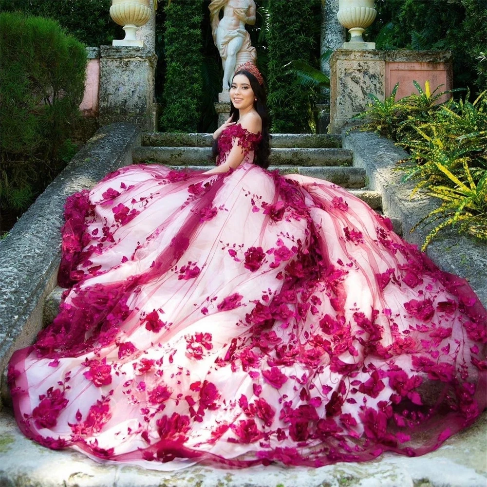 

Lorencia Мексиканское платье Quinceanera с розовыми цветами, бальное платье с 3D цветочной аппликацией и бисером, милое платье 16, 15, Vestidos XV Años YQD465