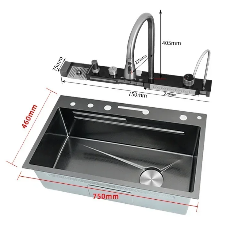 'Waterfall sink basin large single slot digital display 304 stainless steel sink with Integrated pull down faucet