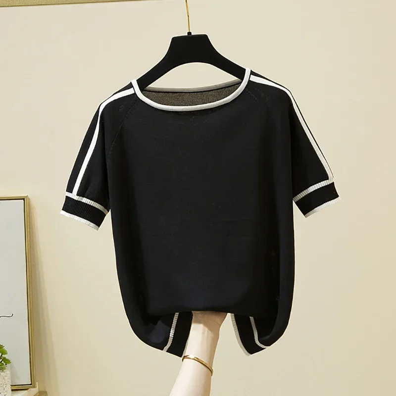 

Summer New Thin Knitted T Shirt Women Short Sleeve Tops Woman Clothes Striped Fashion Female Tee Shirt